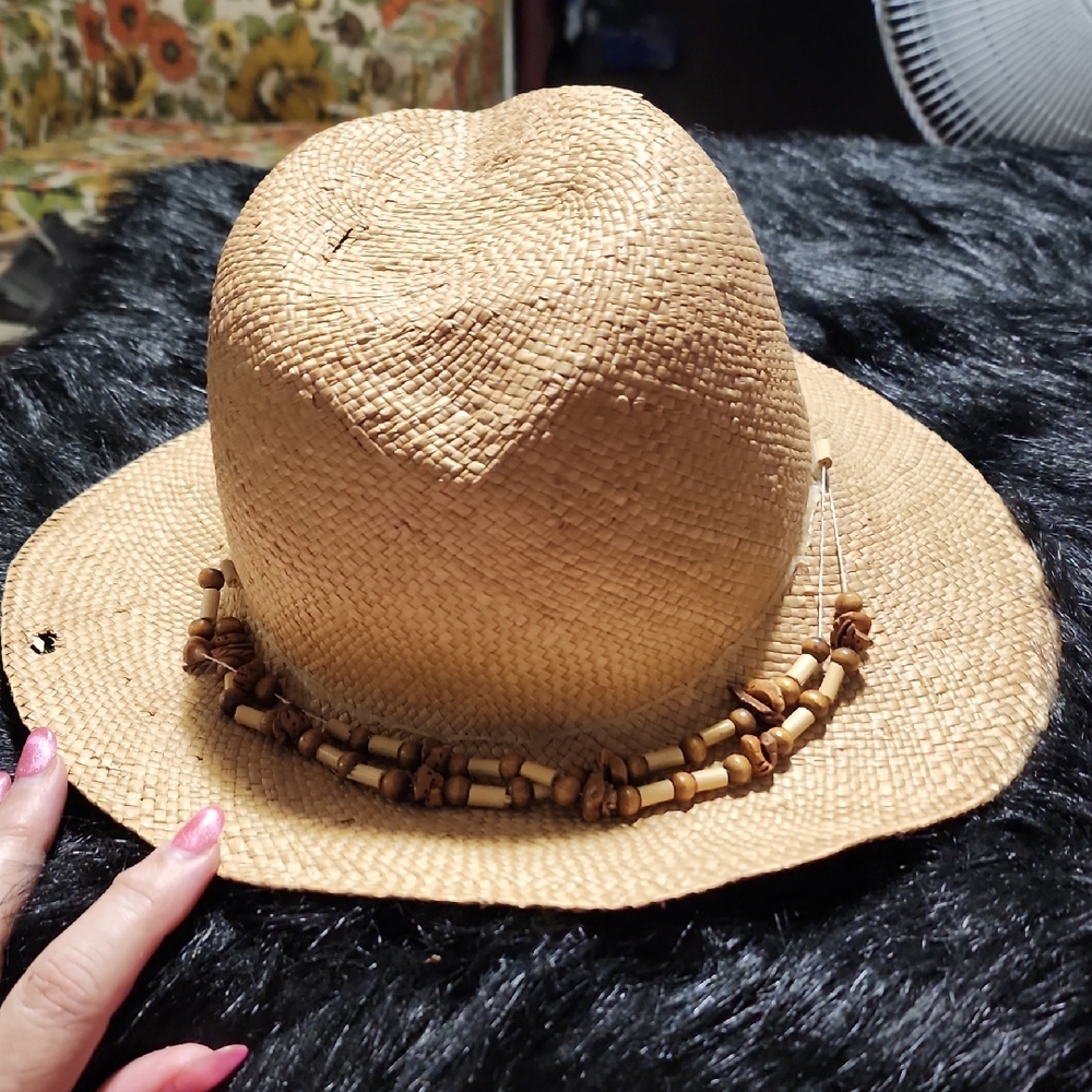 Stylish Straw Fedora with Beaded Band. Vintage. See Photos All - Condition.